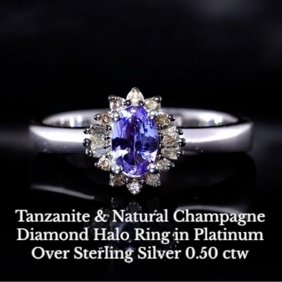 Tanzanite & Champagne Diamond Halo Ring in Platinum Over Sterling Silver .50ctw